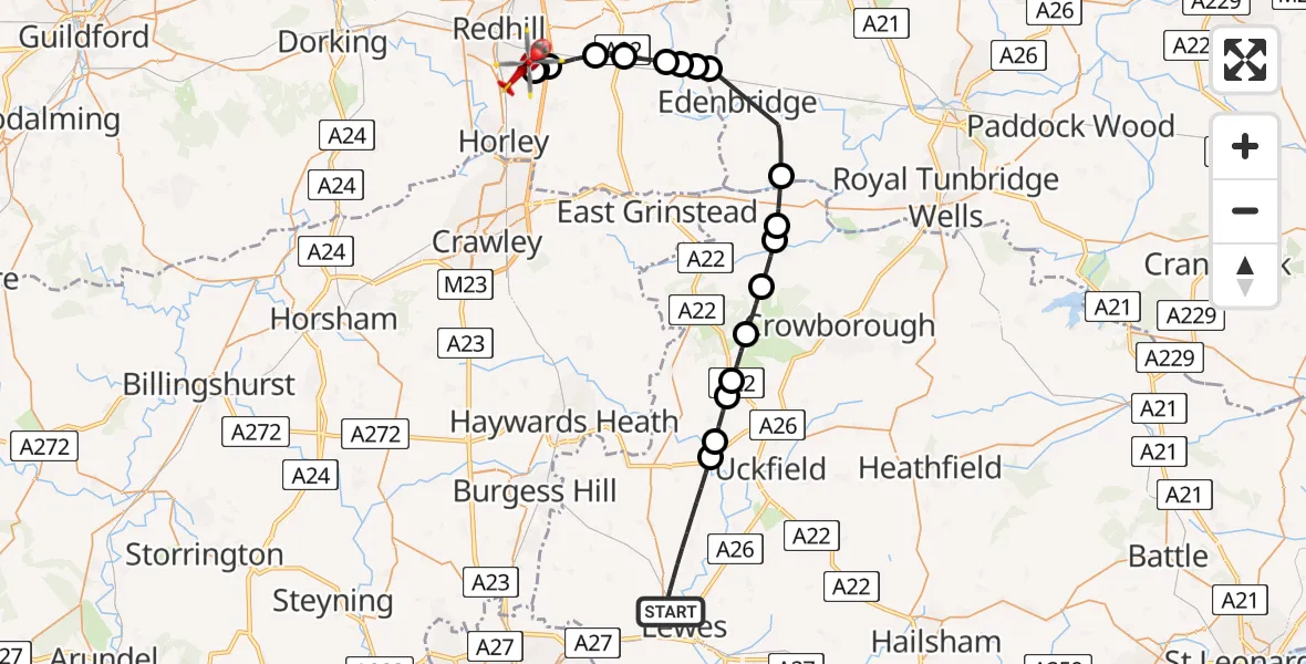 Flight route Air Ambulance Helicopter Lewes - Redhill Aerodrome, 13 August 2026, 17:14