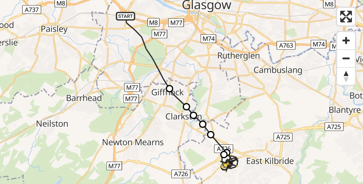 Flight route Police Helicopter Glasgow - East Kilbride, 13 August 2026, 17:17