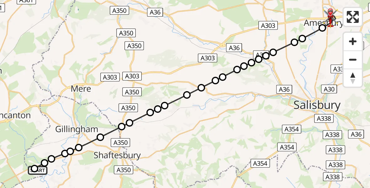 Flight route Air Ambulance Helicopter Henstridge Airfield - Amesbury, 13 August 2026, 17:25