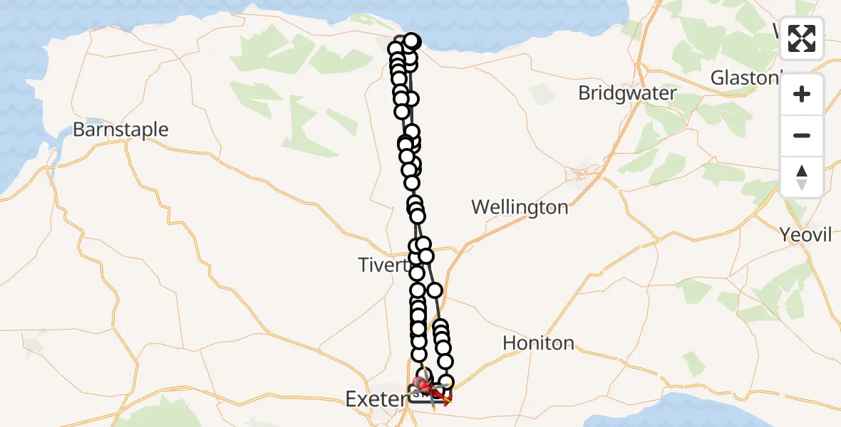 Flight route Air Ambulance Helicopter Exeter International Airport - Exeter International Airport, 13 August 2026, 17:31
