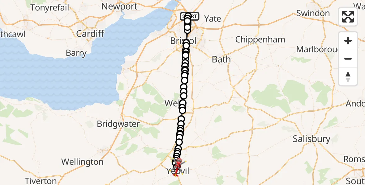 Flight route Air Ambulance Helicopter Almondsbury Helicopter Base - Yeovil, 13 August 2026, 17:33