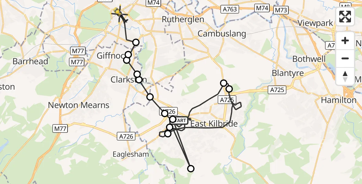 Flight route Police Helicopter East Kilbride - Glasgow, 13 August 2026, 17:36