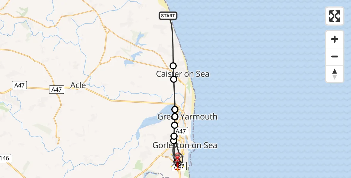Flight route Air Ambulance Helicopter Great Yarmouth - James Paget Hospital, 13 August 2026, 17:39