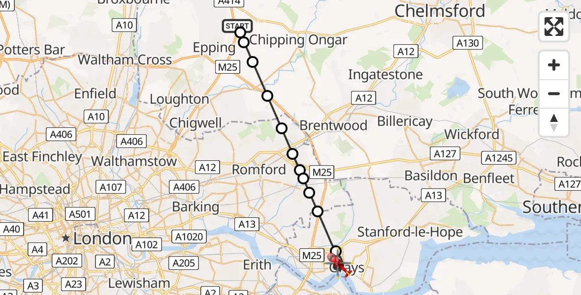 Flight route Air Ambulance Helicopter North Weald Airfield - Grays, 13 August 2026, 17:49