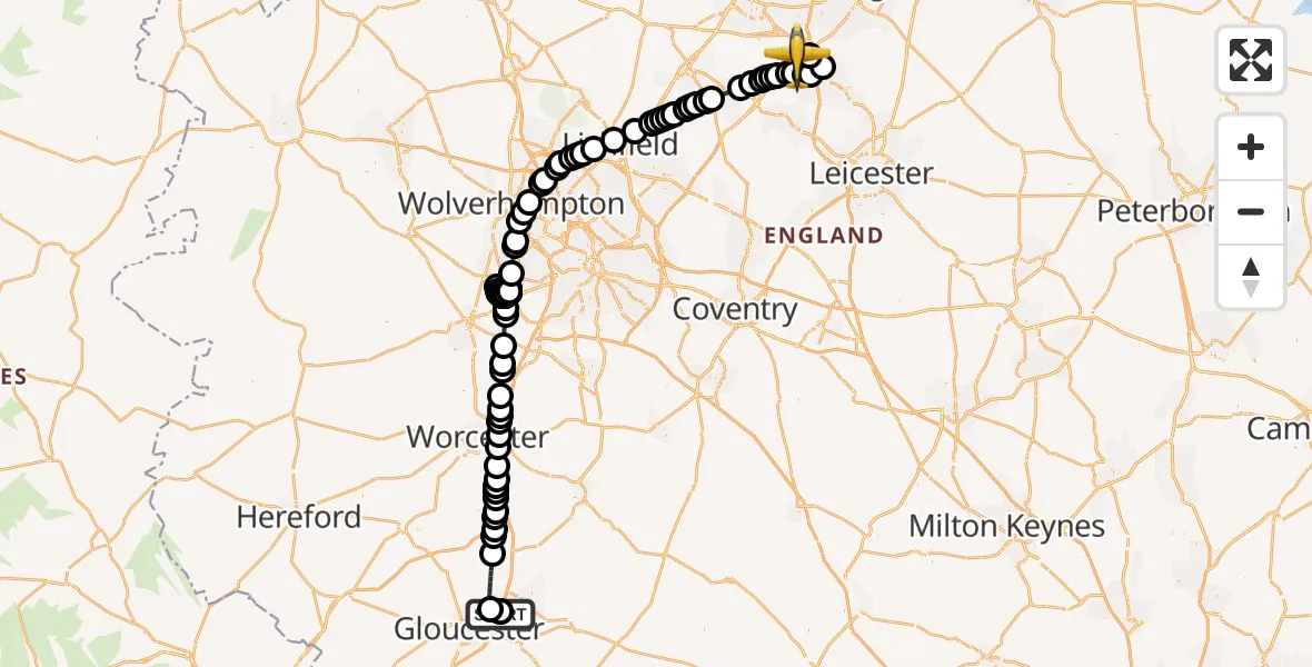 Flight route Police Aircraft Gloucestershire Airport - East Midlands Airport, 13 August 2026, 18:08