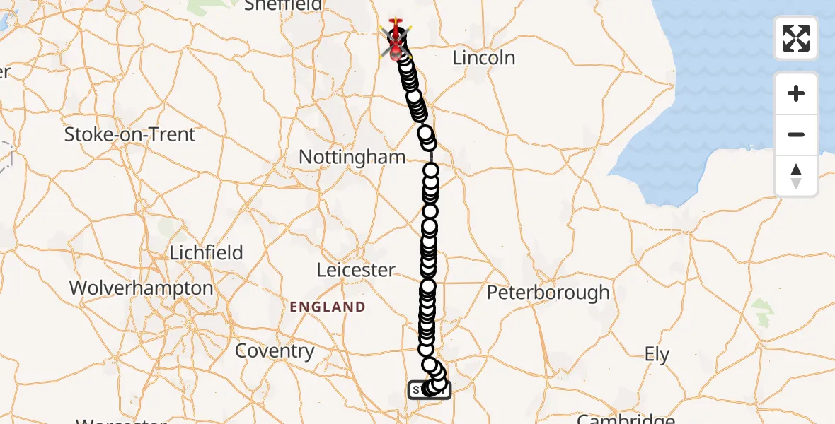 Flight route Air Ambulance Helicopter Sywell Aerodrome - Retford Gamston Airport, 13 August 2026, 18:08