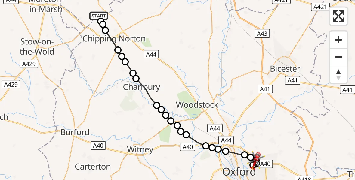 Flight route Air Ambulance Helicopter Long Compton - Oxford, 13 August 2026, 18:14