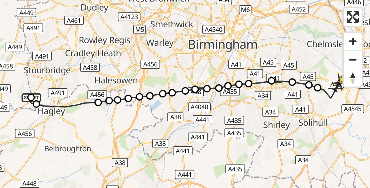 Flight route Police Helicopter Stourbridge - Birmingham Airport, 13 August 2026, 18:25