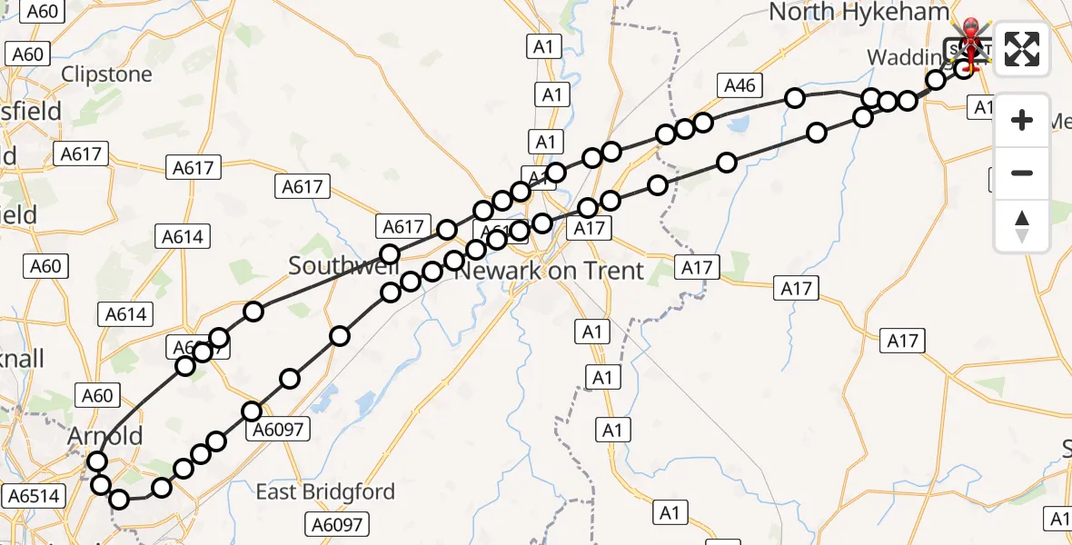 Flight route Air Ambulance Helicopter RAF Waddington - North Kesteven, 13 August 2026, 18:26