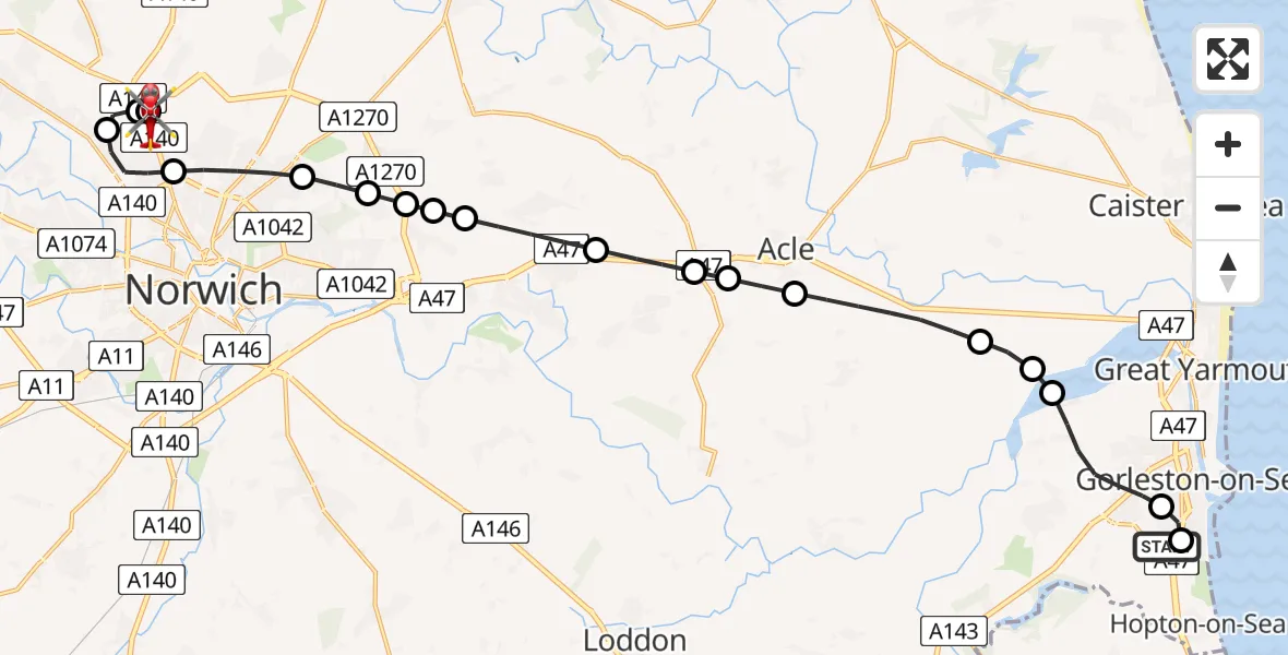 Flight route Air Ambulance Helicopter James Paget Hospital - Norwich Airport, 13 August 2026, 18:37