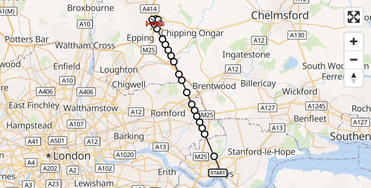 Flight route Air Ambulance Helicopter Grays - North Weald Airfield, 13 August 2026, 18:41