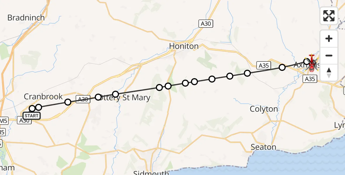 Flight route Air Ambulance Helicopter Exeter International Airport - Axminster, 13 August 2026, 18:43