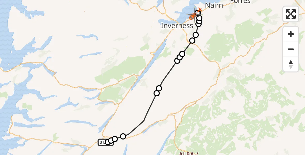 Flight route Coastguard Helicopter Leanachan - Inverness Airport, 13 August 2026, 18:48