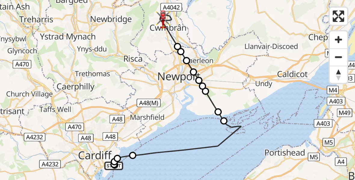 Flight route Air Ambulance Helicopter Cardiff Heliport - Cwmbrân, 13 August 2026, 18:58