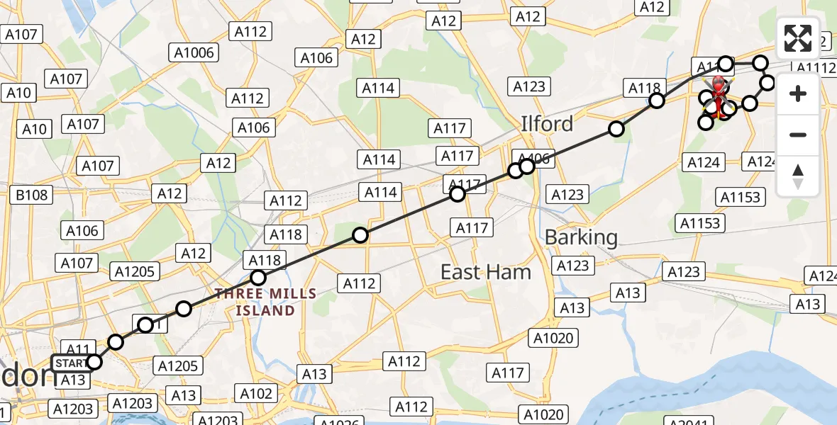 Flight route Air Ambulance Helicopter Royal London Hospital - Becontree, 13 August 2026, 19:07