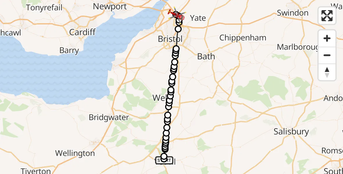 Flight route Air Ambulance Helicopter Yeovil - Almondsbury Helicopter Base, 13 August 2026, 19:09