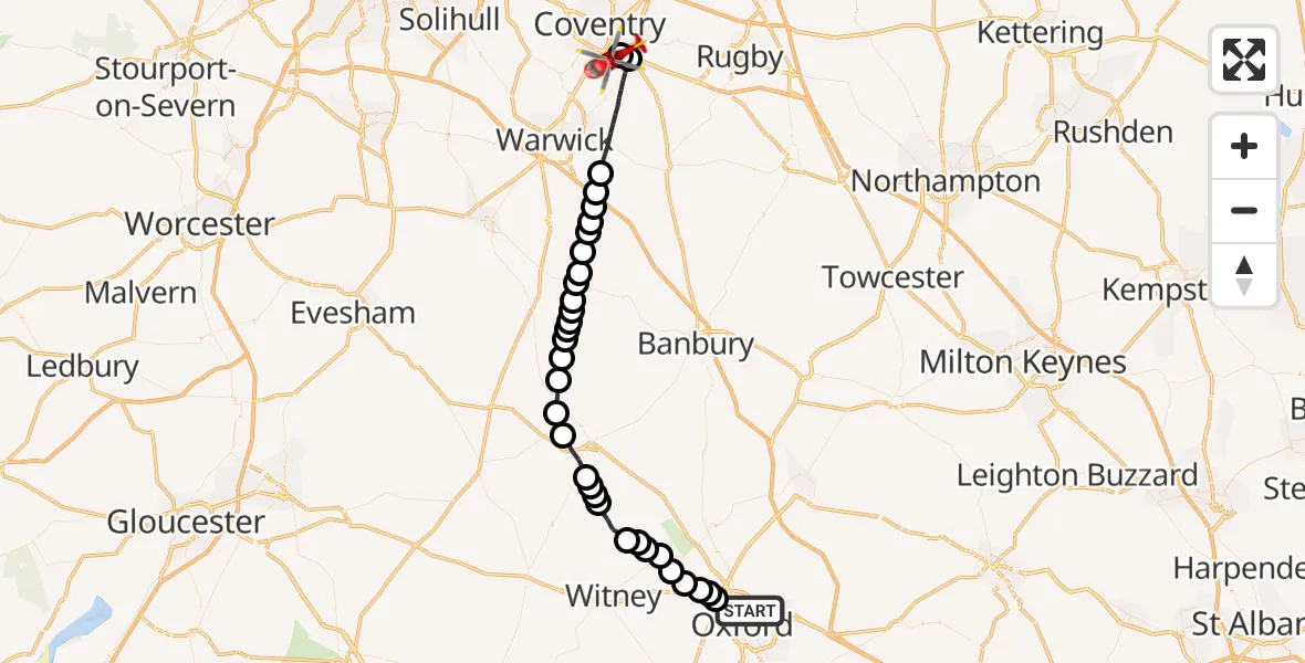 Flight route Air Ambulance Helicopter Oxford - Coventry Airport, 13 August 2026, 19:18