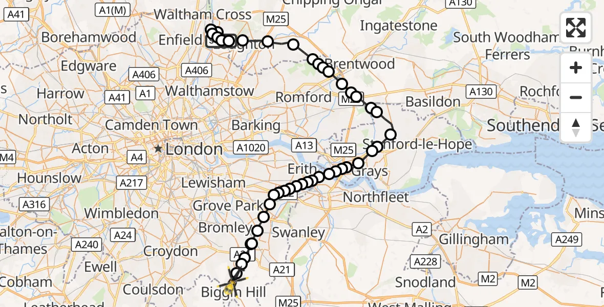 Flight route Police Helicopter Sewardstonebury - London Biggin Hill Airport, 13 August 2026, 19:26