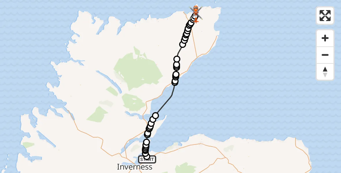 Flight route Coastguard Helicopter Inverness Airport - Castletown, 13 August 2026, 19:29