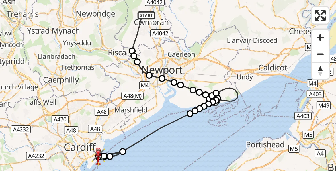 Flight route Air Ambulance Helicopter Cwmbrân - Cardiff Heliport, 13 August 2026, 19:35