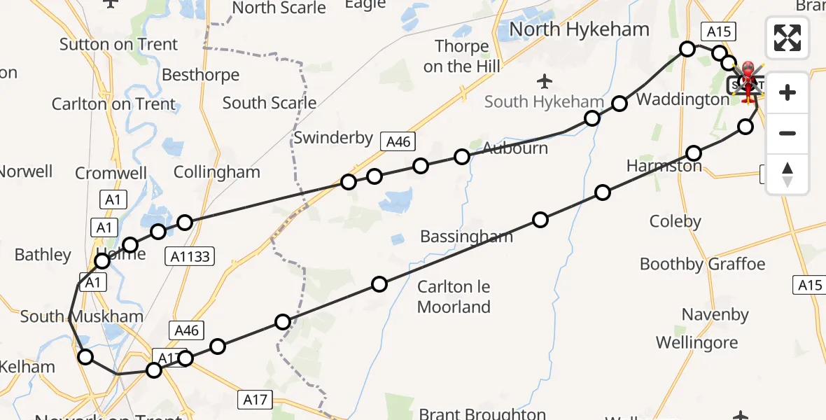 Flight route Air Ambulance Helicopter RAF Waddington - North Kesteven, 13 August 2026, 19:39