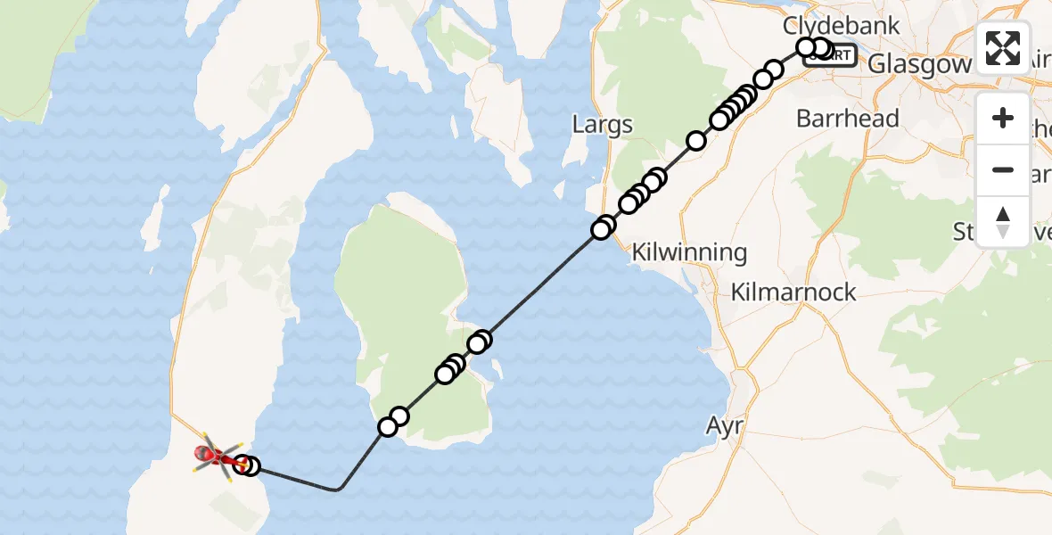 Flight route Air Ambulance Helicopter Glasgow Airport - Campbeltown, 13 August 2026, 19:41