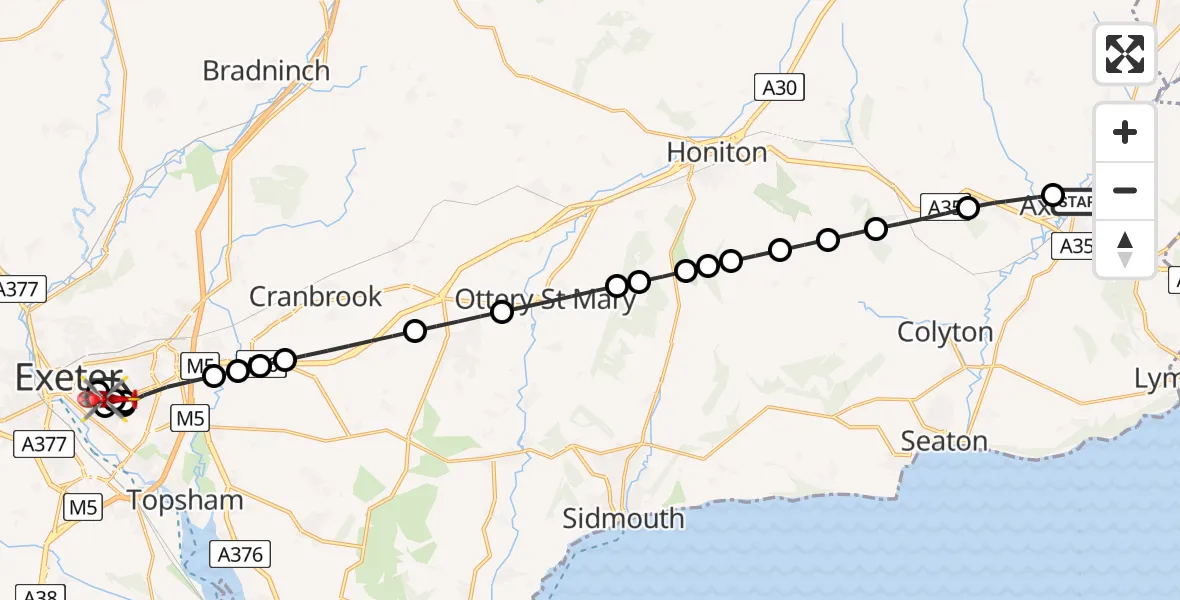 Flight route Air Ambulance Helicopter Axminster - Royal Devon & Exeter Hospital, 13 August 2026, 19:42
