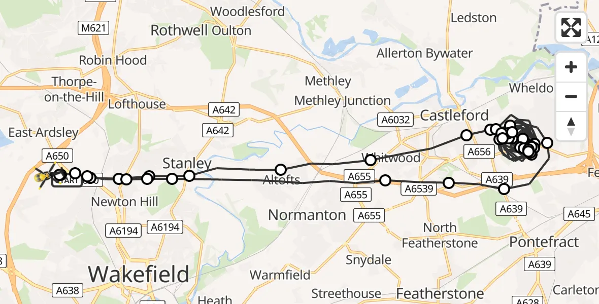 Flight route Police Helicopter Wrenthorpe - East Ardsley, 13 August 2026, 19:48