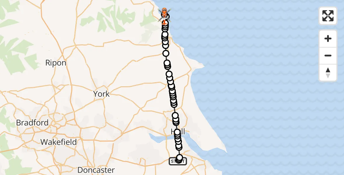Flight route Coastguard Helicopter Humberside Airport - Ravenscar, 13 August 2026, 19:51