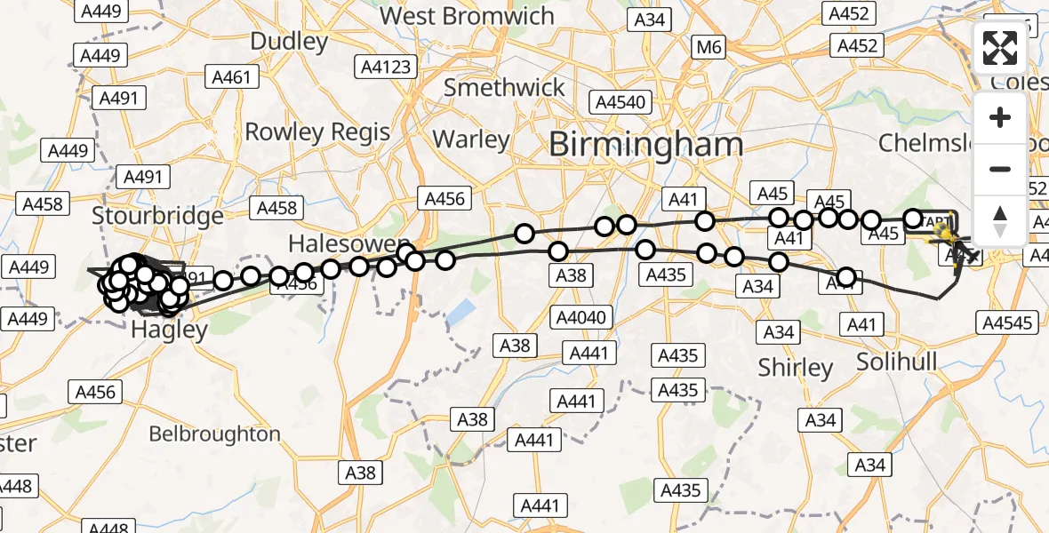 Flight route Police Helicopter Birmingham Airport - Solihull, 13 August 2026, 19:55