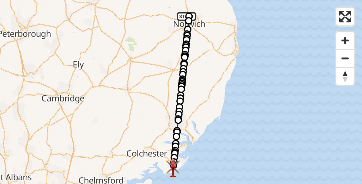 Flight route Air Ambulance Helicopter Norwich Airport - Clacton-on-Sea, 13 August 2026, 20:03
