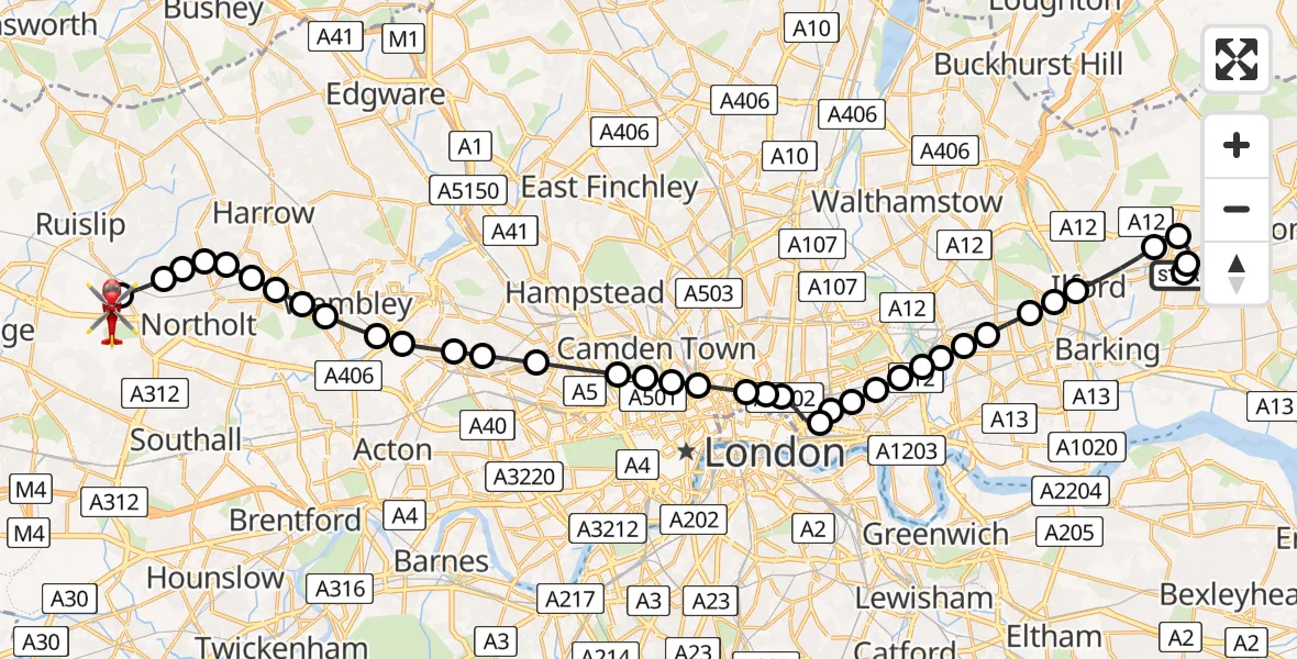 Flight route Air Ambulance Helicopter Chadwell Heath - RAF Northolt, 13 August 2026, 20:05