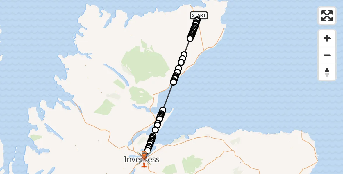 Flight route Coastguard Helicopter Knockdee - Inverness, 13 August 2026, 20:10