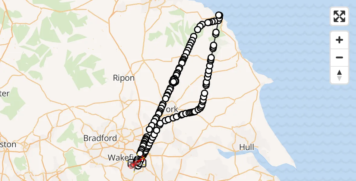 Flight route Air Ambulance Helicopter YAA Nostell Helicopter Port - YAA Nostell Helicopter Port, 13 August 2026, 20:25