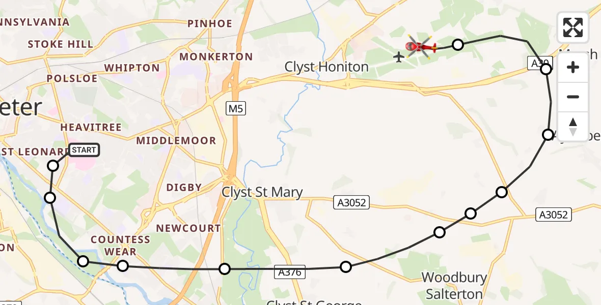 Flight route Air Ambulance Helicopter Royal Devon & Exeter Hospital - Exeter International Airport, 13 August 2026, 20:31