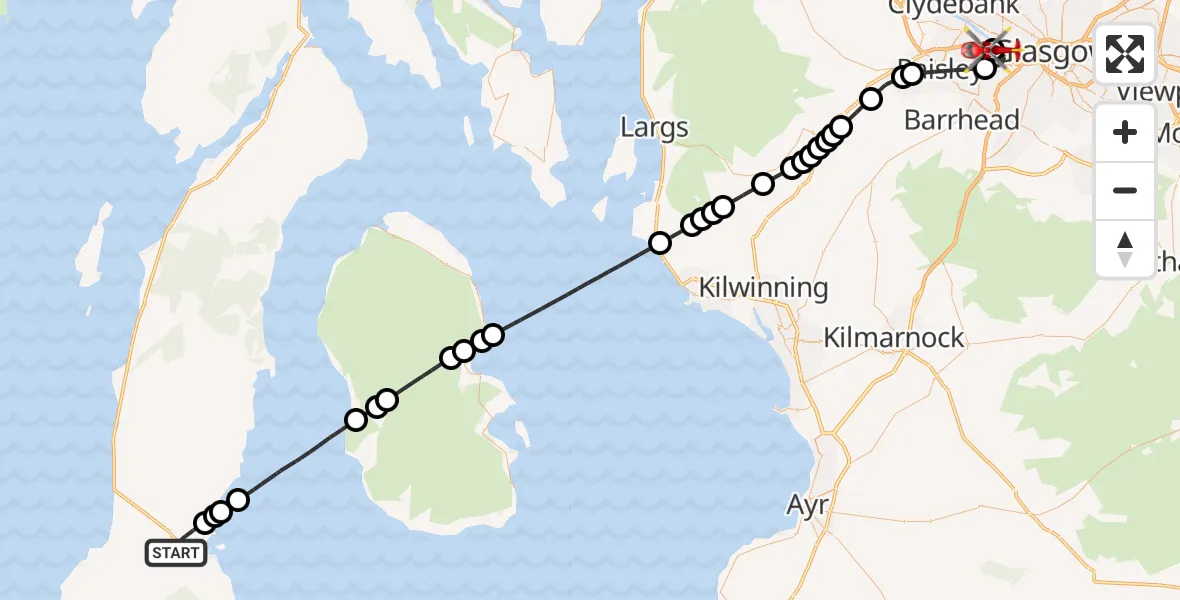Flight route Air Ambulance Helicopter Campbeltown - Queen Elizabeth Hospital, 13 August 2026, 20:38