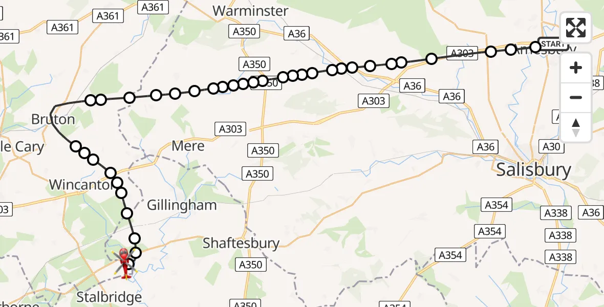 Flight route Air Ambulance Helicopter Amesbury - Henstridge Airfield, 13 August 2026, 20:40