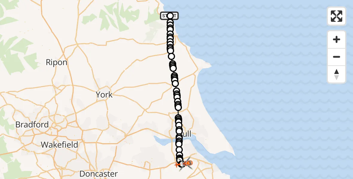 Flight route Coastguard Helicopter Ravenscar - Humberside Airport, 13 August 2026, 20:46