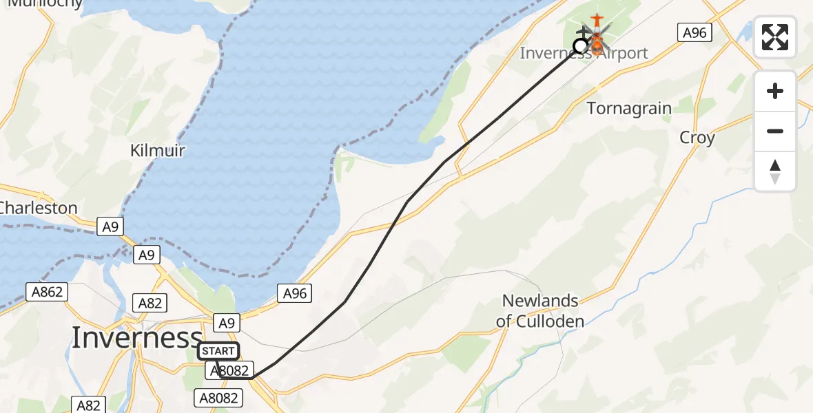 Flight route Coastguard Helicopter Inverness - Inverness Airport, 13 August 2026, 20:46