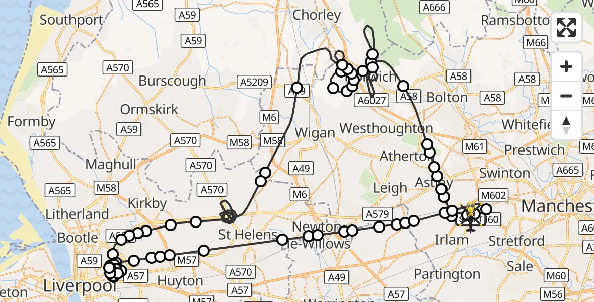 Flight route Police Helicopter Manchester Barton Aerodrome - Manchester Barton Aerodrome, 13 August 2026, 20:52