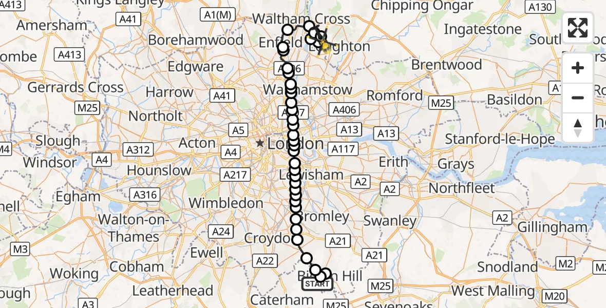 Flight route Police Helicopter Tatsfield - Sewardstonebury, 13 August 2026, 20:53