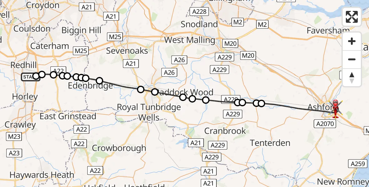 Flight route Air Ambulance Helicopter Redhill Aerodrome - Ashford, 13 August 2026, 20:56