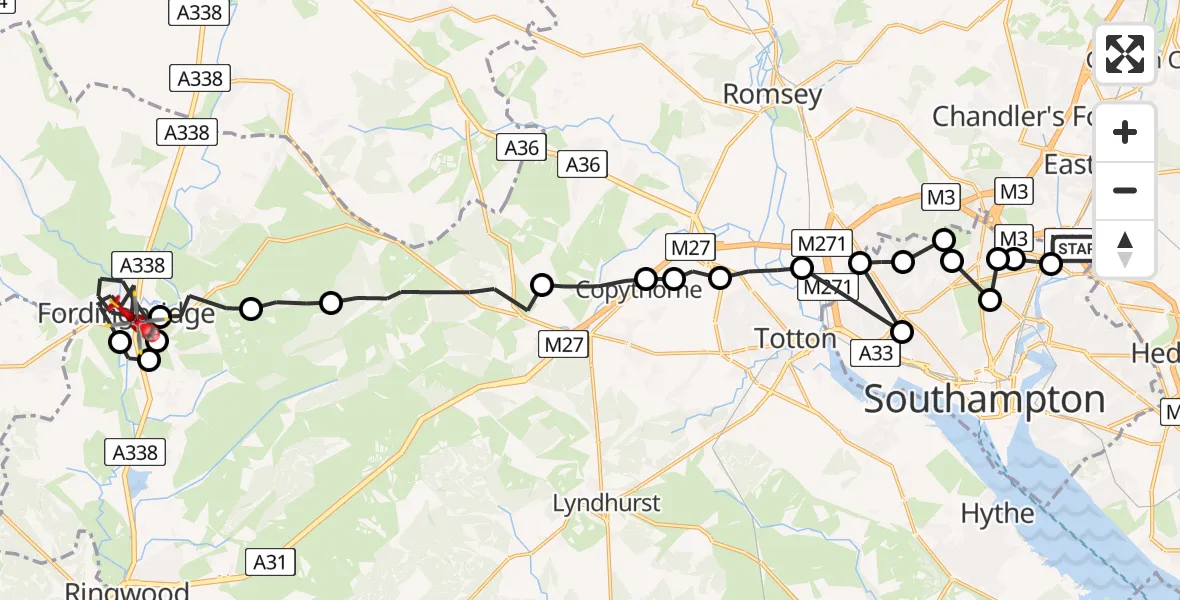 Flight route Air Ambulance Helicopter Southampton Airport - Fordingbridge, 13 August 2026, 21:16