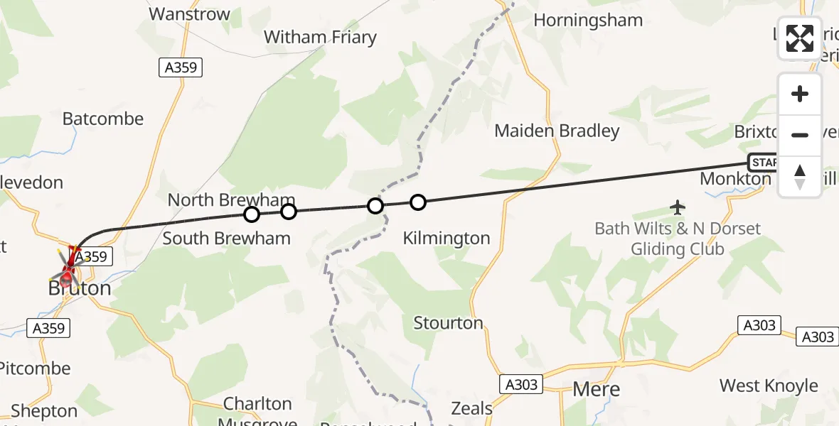 Flight route Air Ambulance Helicopter Monkton Deverill - Bruton, 13 August 2026, 21:23