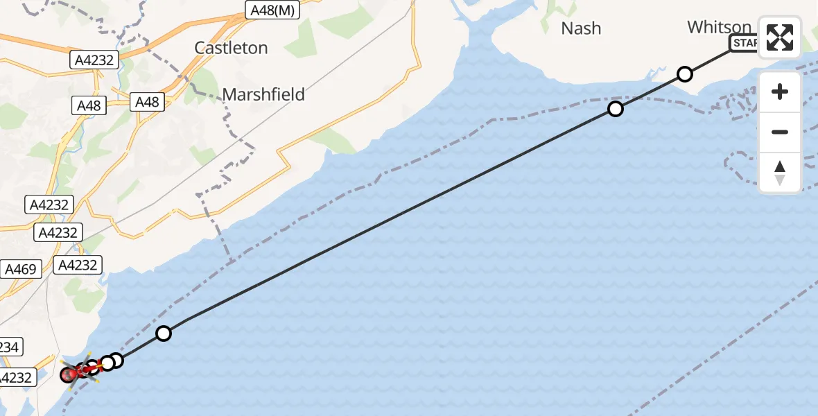 Flight route Air Ambulance Helicopter Whitson - Cardiff Heliport, 13 August 2026, 21:29