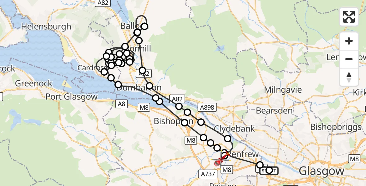 Flight route Air Ambulance Helicopter Queen Elizabeth Hospital - Glasgow Airport, 13 August 2026, 21:44