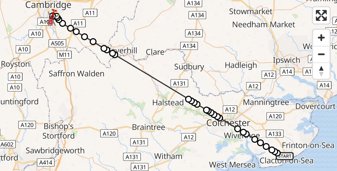 Flight route Air Ambulance Helicopter Clacton-on-Sea - Papworth Hospital, 13 August 2026, 21:54