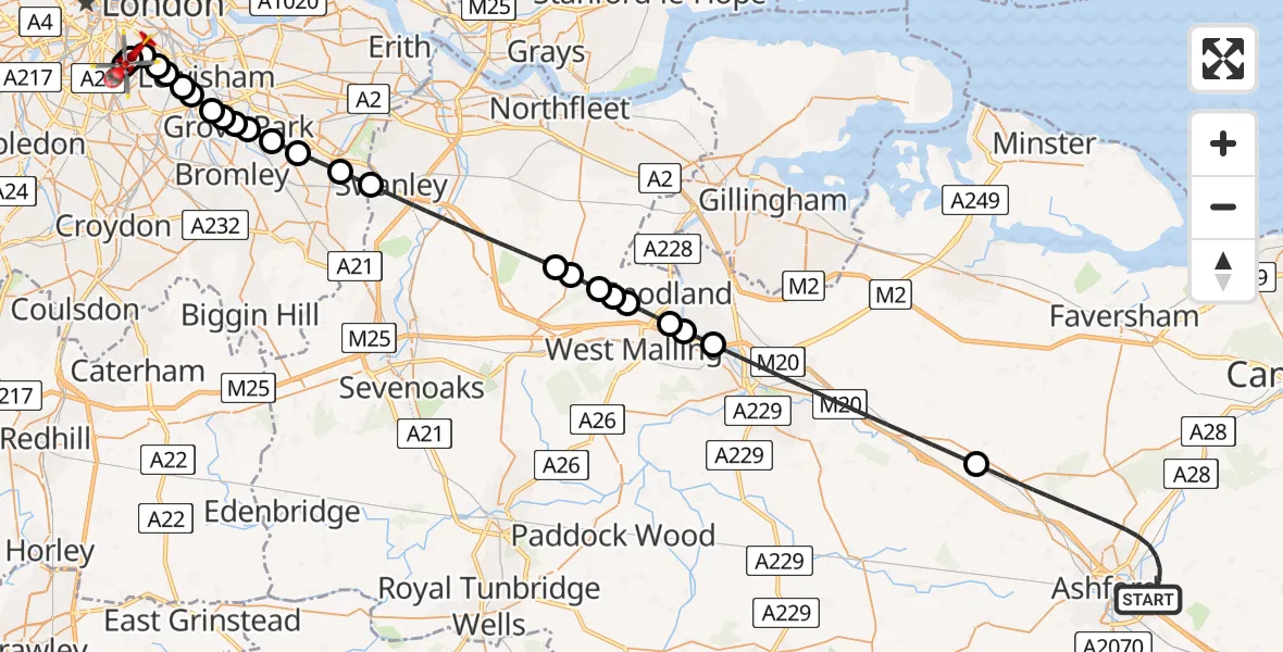 Flight route Air Ambulance Helicopter Ashford - Camberwell, 13 August 2026, 22:52