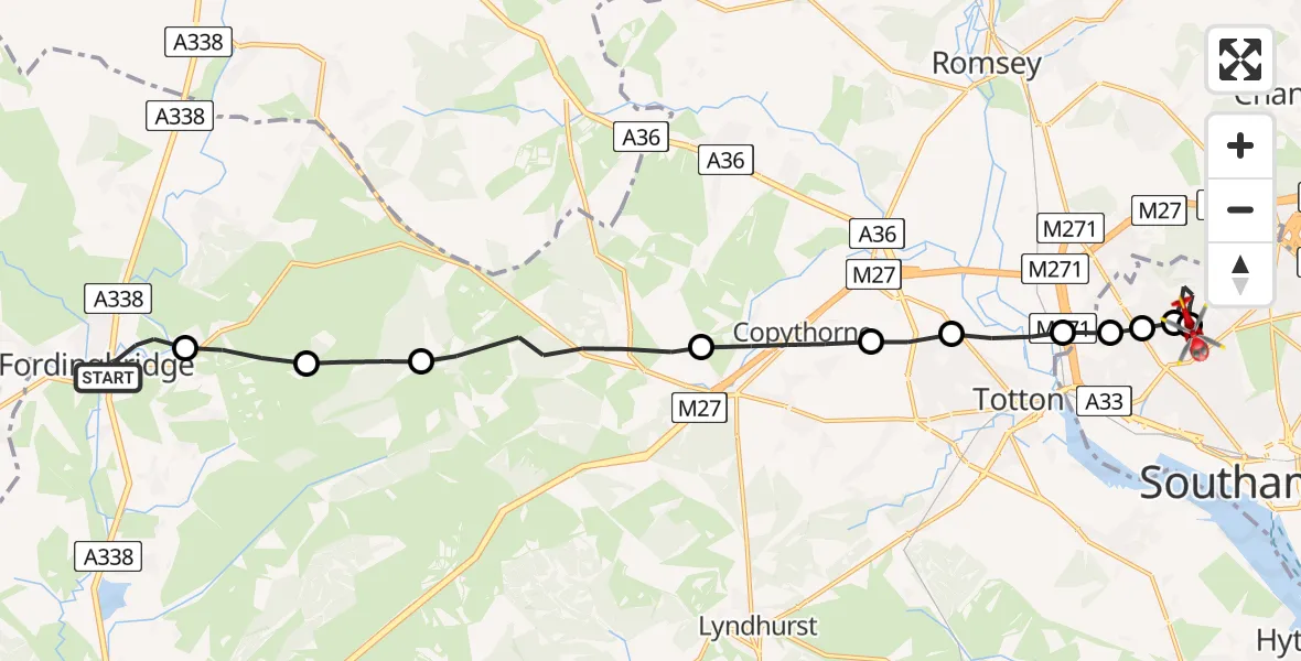 Flight route Air Ambulance Helicopter Fordingbridge - University Hospital Southampton, 13 August 2026, 23:18