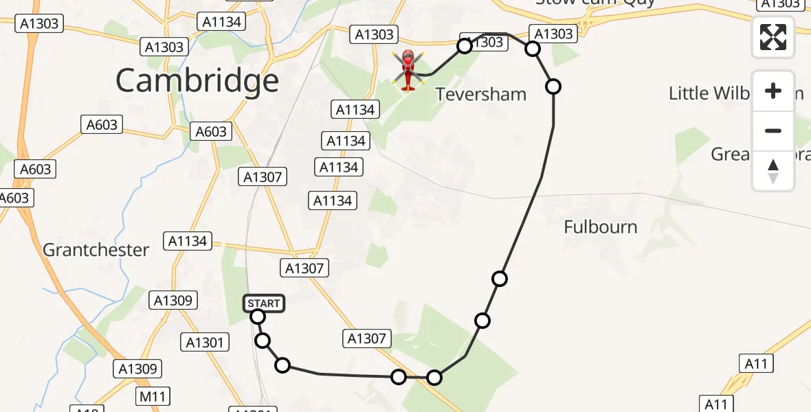 Flight route Air Ambulance Helicopter Papworth Hospital - Cambridge City Airport, 13 August 2026, 23:37